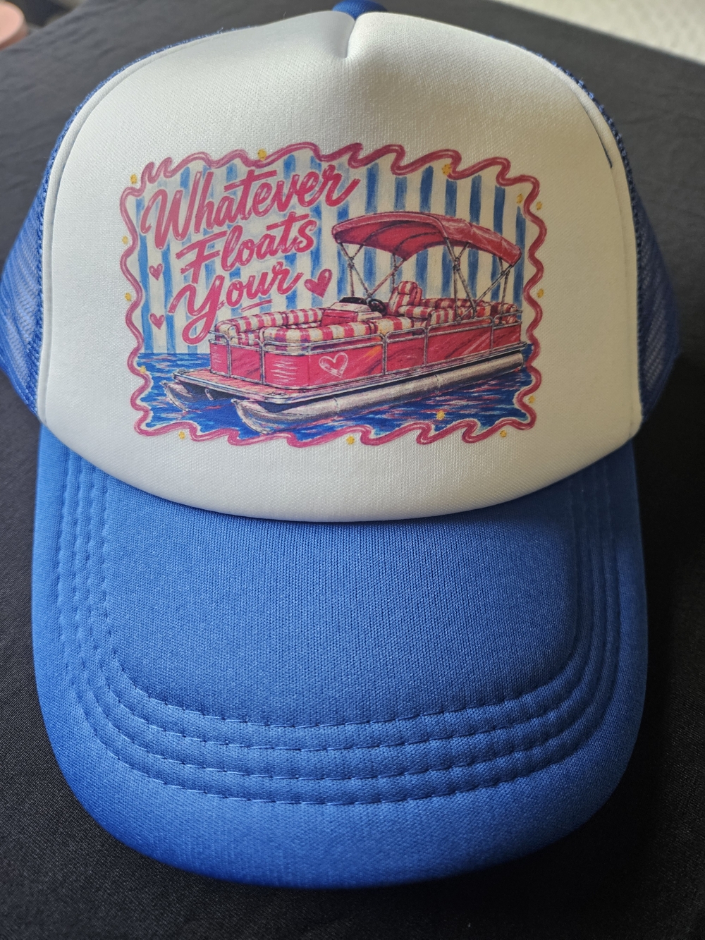 Handmade Blue Trucker Hat with Pink Pontoon Boat Graphic  "Whatever Floats Your"